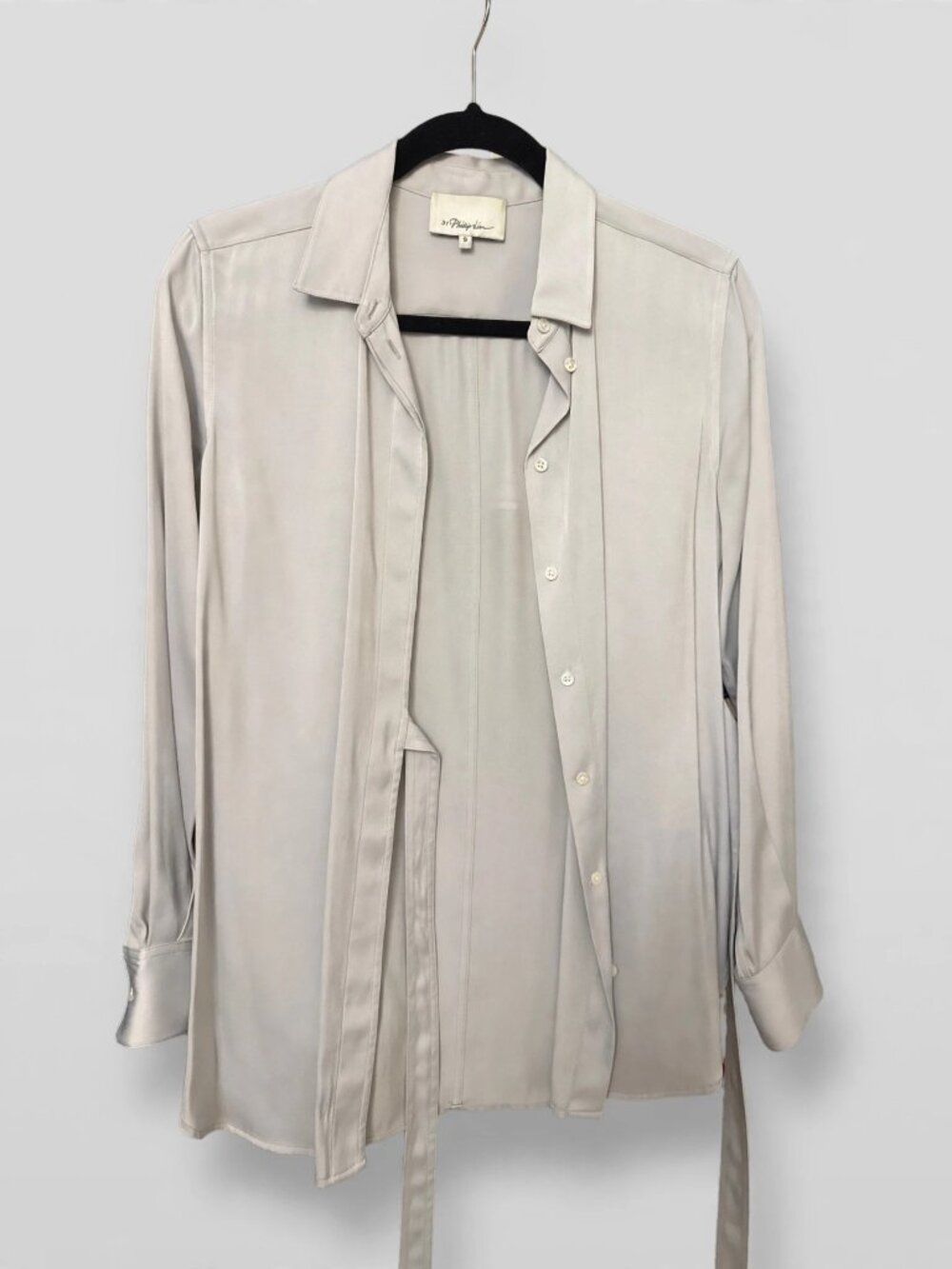 3.1 Phillip Lim Light Gray Tie-Waist Button-Up Shirt Long Sleeve — Size 0